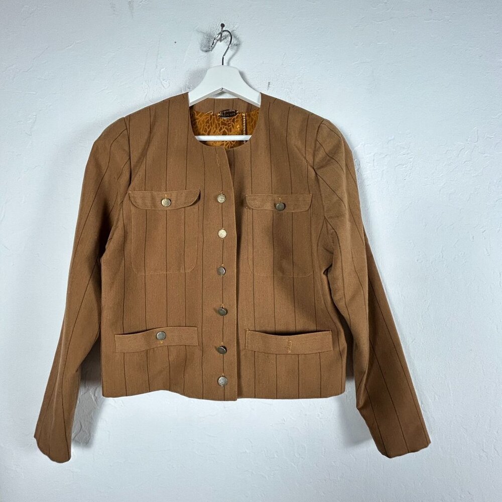 Vintage Jugoexport Mirjana Maric Womens Pinstripe Blazer Jacket Small Brown